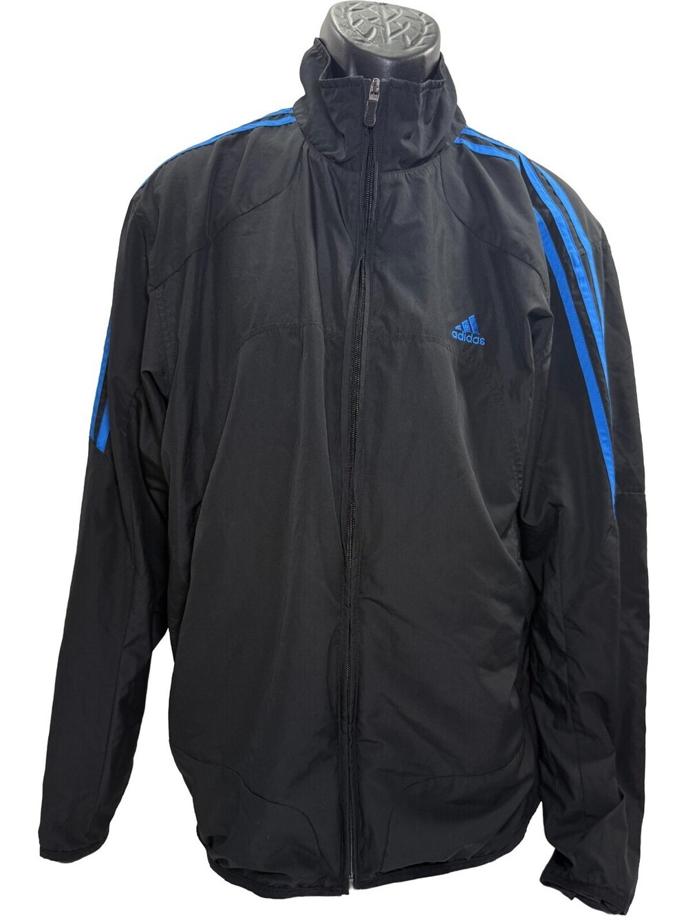 Vintage Y2K Adidas Black Windbreaker Blue Stripes Mens Large Mesh Lined Jacket
